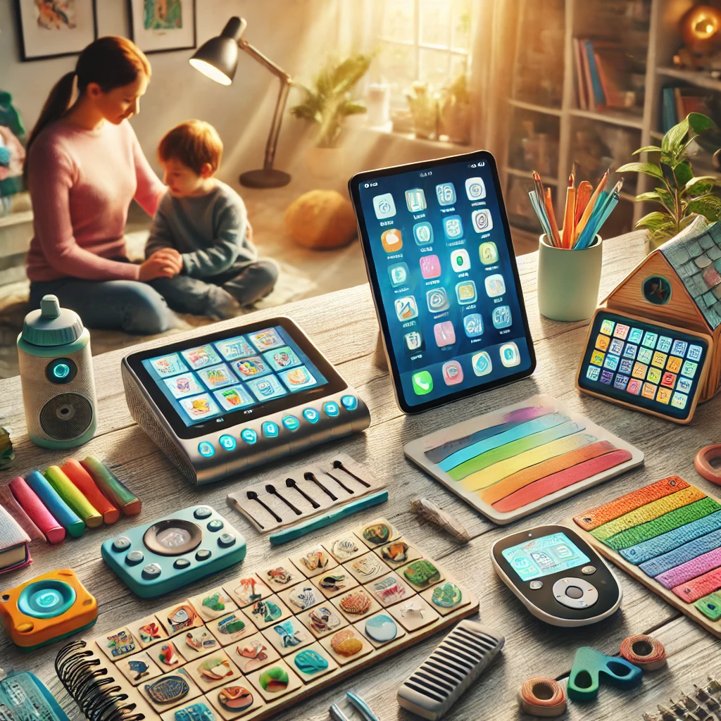 An assortment of AAC (Augmentative and Alternative Communication) devices displayed on a table, including a communication tablet with a colorful app, a picture board with vibrant symbols, a communication book, and a speech-generating device. A caring adult and a child sit nearby, interacting with the tools in a warm, well-lit room featuring educational materials and playful decorations, symbolizing accessibility and empowerment for communication