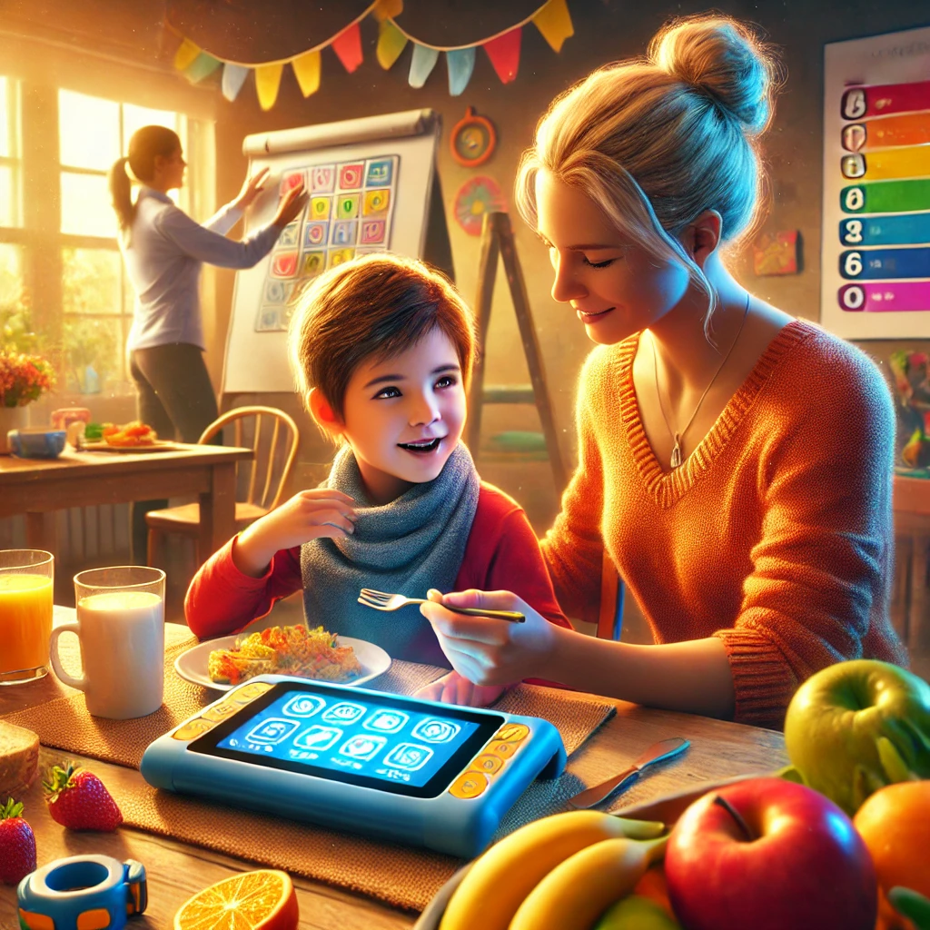 A vibrant and inspiring image of a child using an AAC (Augmentative and Alternative Communication) device at a breakfast table, engaging with a caregiver who provides encouragement.