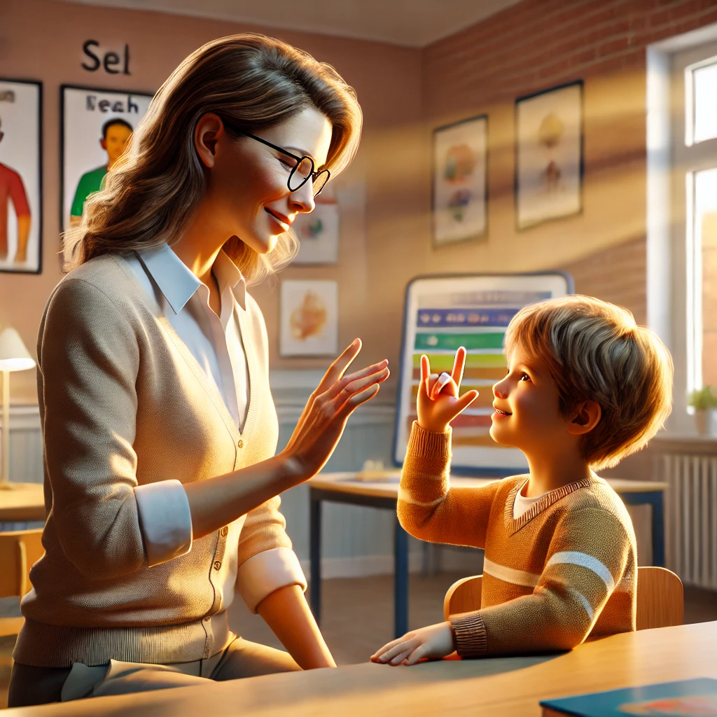 Here is the photorealistic image illustrating the theme of sign language communication between a teacher and a non-verbal child in a positive, educational setting. Let me know if you'd like any adjustments or additional details!