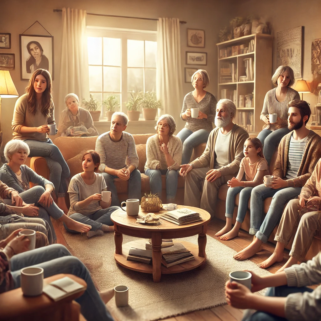 A diverse group of parents and caregivers sit together in a cozy living room, engaging in a heartfelt discussion. The space is warmly lit, with family photos on the walls and a relaxed, comforting atmosphere. Some participants hold coffee mugs, while others share notes, symbolizing mutual support and shared experiences in caring for non-verbal children.