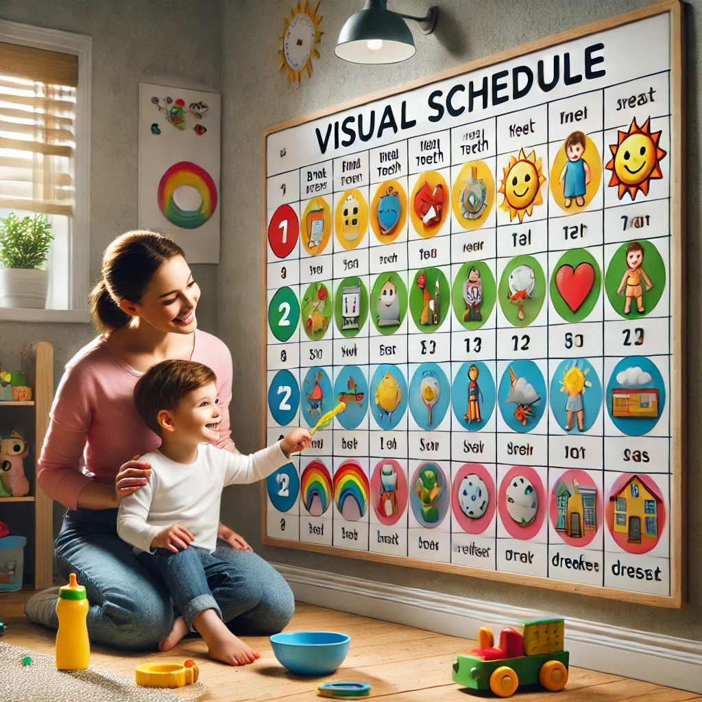  A colorful visual schedule displayed on a whiteboard in a cozy playroom. The schedule includes images and symbols for daily tasks like brushing teeth, eating breakfast, and getting dressed, arranged in a sequential timeline. A child points at one of the tasks while a smiling caregiver kneels beside them, offering encouragement. The room is filled with toys, books, and a warm, supportive atmosphere.