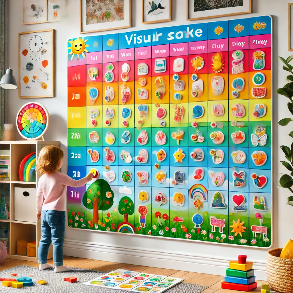 A colourful visual schedule on a whiteboard in a cheerful playroom, featuring high-quality images and icons for tasks like eating, reading, and playing, labeled with simple text. Activities are color-coded for organization and include moveable pieces attached with Velcro for interactivity. A smiling child is attaching a completed task to the board while a supportive caregiver looks on. The room is filled with toys, books, and a nurturing, engaging atmosphere.