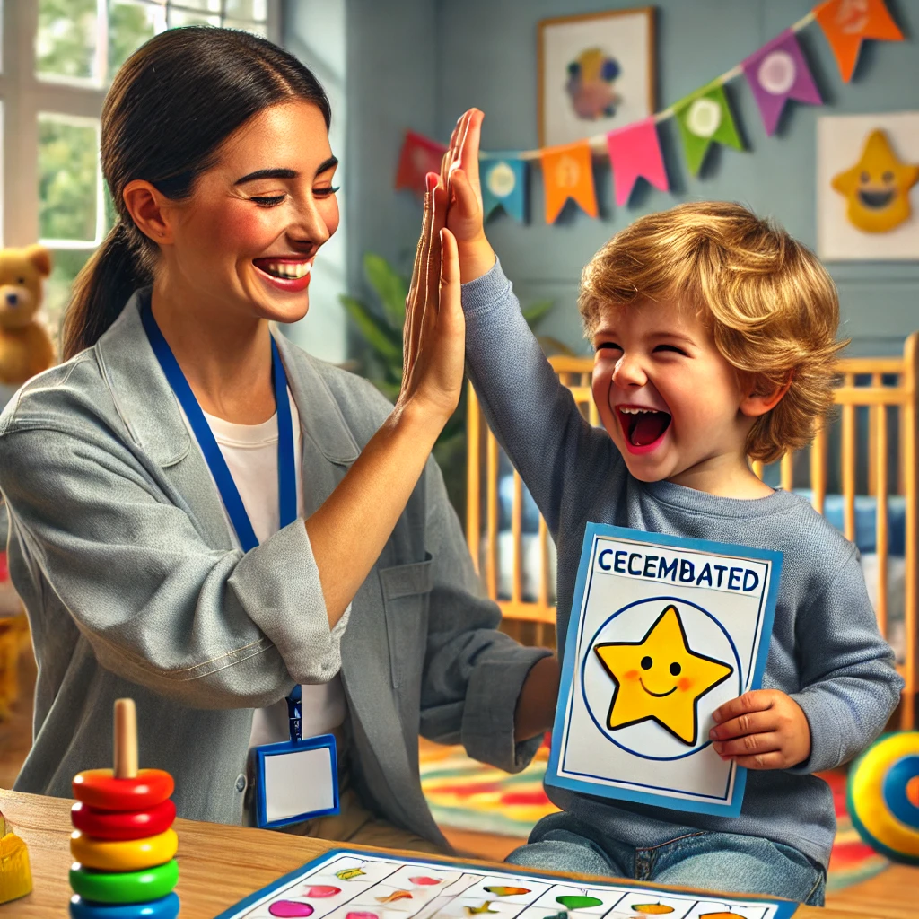 A cheerful caregiver and child celebrating in a colorful playroom. The child, smiling brightly, holds up a completed task from a visual schedule. The caregiver enthusiastically gives a high-five while holding a star-shaped sticker in their other hand. The playroom is filled with toys, books, and educational materials, creating a vibrant and supportive environment. The scene radiates encouragement, joy, and recognition of the child’s effort and success.