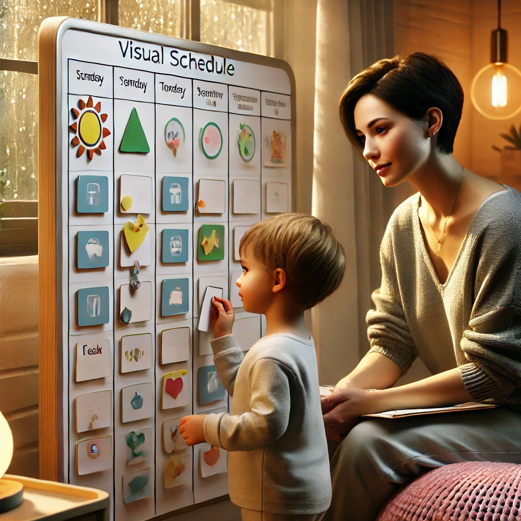 A caregiver and a young child are collaboratively adjusting a visual schedule on a magnetic whiteboard. The child, with a thoughtful expression, is rearranging colorful task cards while the caregiver attentively observes and offers guidance. The setting is a sensory-friendly classroom with soft lighting, cushions, and toys in a calming corner, emphasizing adaptability and understanding. The scene reflects a supportive and flexible approach to meeting the child’s unique needs.





A caregiver and a young child are collaboratively adjusting a visual schedule on a magnetic whiteboard. The child, with a thoughtful expression, is rearranging colorful task cards while the caregiver attentively observes and offers guidance. The setting is a sensory-friendly classroom with soft lighting, cushions, and toys in a calming corner, emphasizing adaptability and understanding. The scene reflects a supportive and flexible approach to meeting the child’s unique needs.





A caregiver and a young child are collaboratively adjusting a visual schedule on a magnetic whiteboard. The child, with a thoughtful expression, is rearranging colorful task cards while the caregiver attentively observes and offers guidance. The setting is a sensory-friendly classroom with soft lighting, cushions, and toys in a calming corner, emphasizing adaptability and understanding. The scene reflects a supportive and flexible approach to meeting the child’s unique needs.






A caregiver and a young child are collaboratively adjusting a visual schedule on a magnetic whiteboard. The child, with a thoughtful expression, is rearranging colorful task cards while the caregiver attentively observes and offers guidance. The setting is a sensory-friendly classroom with soft lighting, cushions, and toys in a calming corner, emphasizing adaptability and understanding. The scene reflects a supportive and flexible approach to meeting the child’s unique needs.





A caregiver and a young child are collaboratively adjusting a visual schedule on a magnetic whiteboard. The child, with a thoughtful expression, is rearranging colorful task cards while the caregiver attentively observes and offers guidance. The setting is a sensory-friendly classroom with soft lighting, cushions, and toys in a calming corner, emphasizing adaptability and understanding. The scene reflects a supportive and flexible approach to meeting the child’s unique needs.









