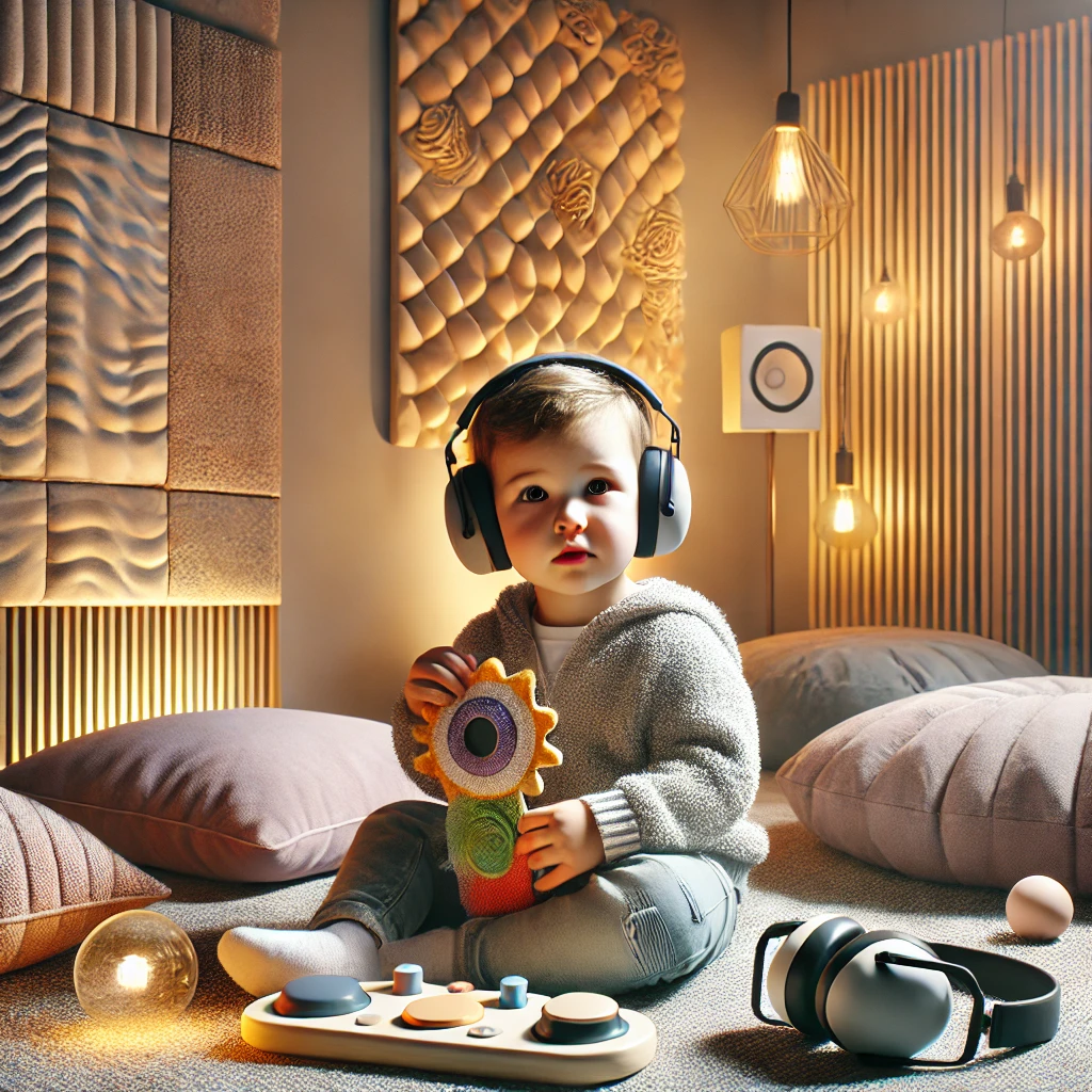 A young child sits in a sensory-friendly room, holding a textured sensory toy with a curious and focused expression. The room features dim lighting, soft cushions, a tactile wall panel with various textures, and noise-cancelling headphones nearby