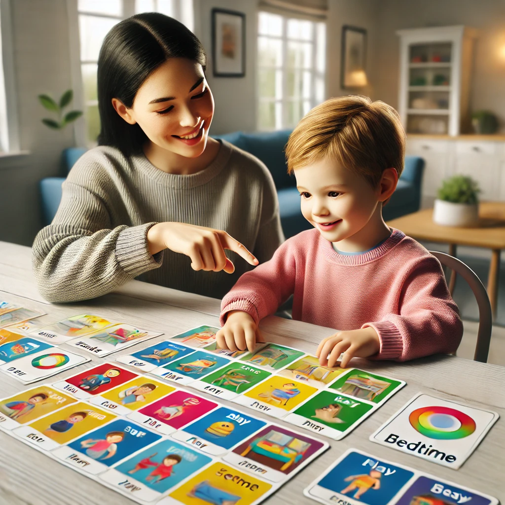 A parent and child are seated at a kitchen table, engaging with colorful visual aids. The table displays picture schedules and cue cards with simple illustrations and labels for daily activities like eating, playing, and bedtime. The child points at a card with curiosity while the parent smiles and explains the task. The setting is calm and organized, with a family-friendly atmosphere, showcasing the effectiveness of visual tools in supporting communication and transitions.