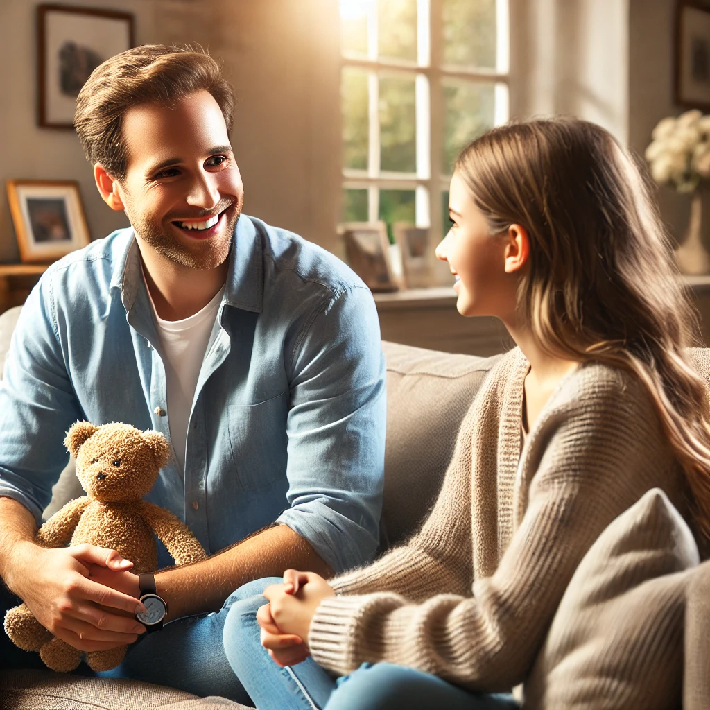  A parent and child sit together on a cozy couch, sharing a warm and supportive moment. The parent smiles attentively while listening to the child, who holds a plush toy for comfort. The background features a well-lit and nurturing home environment with family photos and soft furnishings, highlighting emotional connection and encouragement.