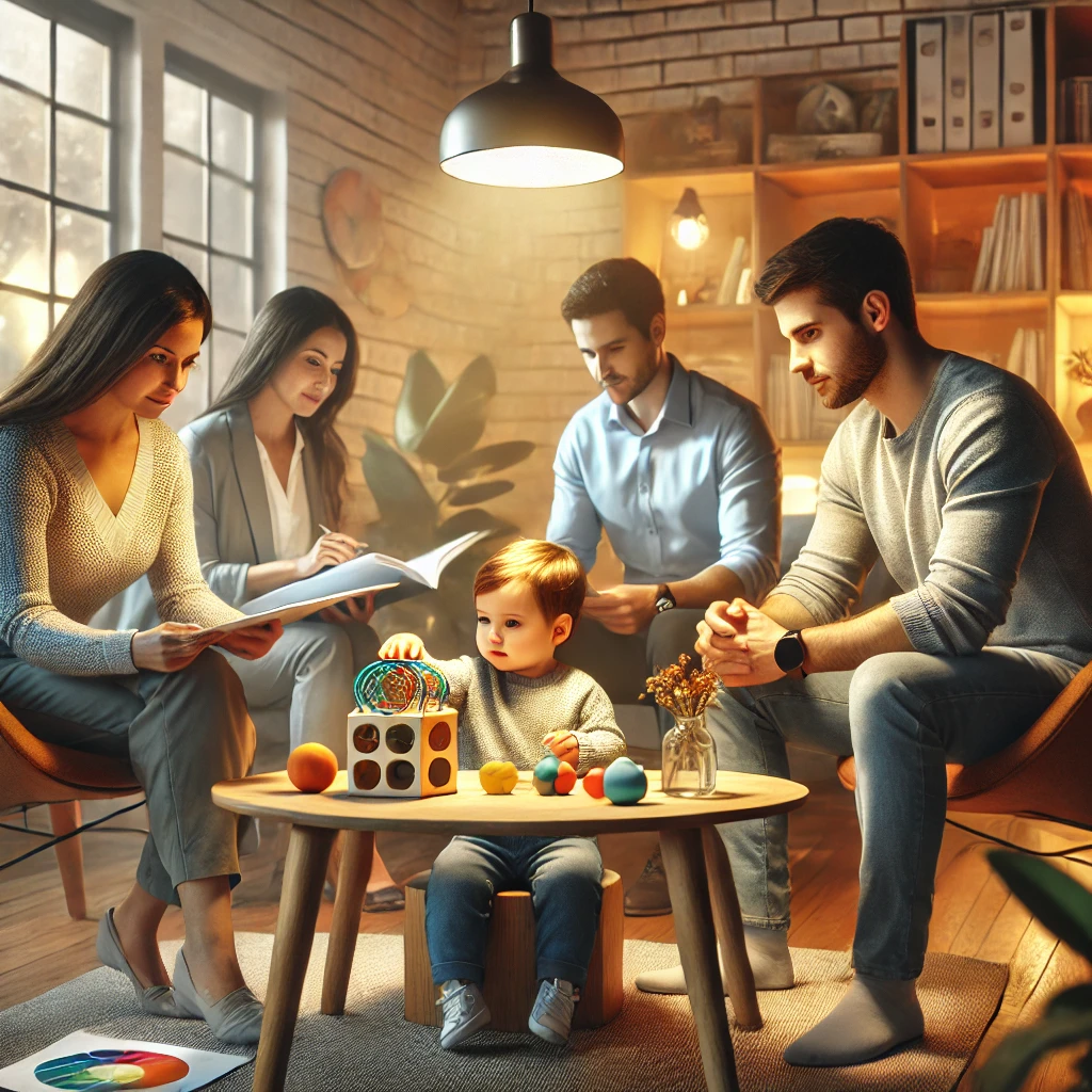 A parent, child, therapist, and teacher sit together at a table in a warm, supportive setting. The child is engaged with a sensory toy while the adults review papers and share strategies to support the child's development.