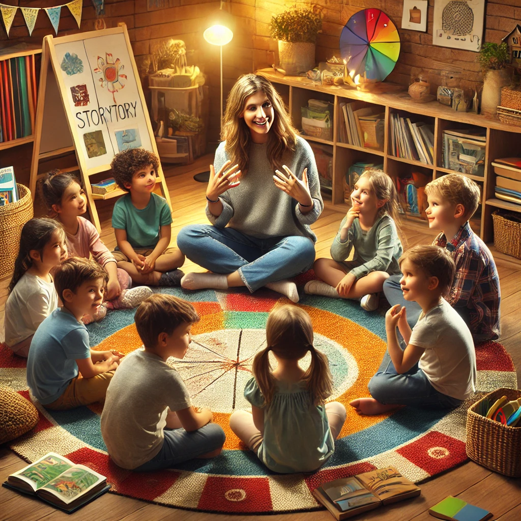 A group of children and an adult sit in a circle on a colorful rug in a cozy classroom, playing a storytelling game. Each child adds to the story while the adult uses visual aids and prompts to guide the activity. The setting is warm and inviting, with books, props, and vibrant decor, fostering creativity, collaboration, and language development for children with ADHD or dyslexia.






