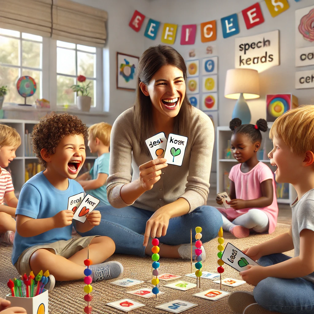  A group of children and an adult are playing a rhyming game in a bright and cheerful classroom. The children, holding colorful cards with rhyming words, are laughing and taking turns matching pairs. The adult enthusiastically leads the activity, with playful decorations, books, and musical instruments creating a fun and engaging atmosphere for learning.