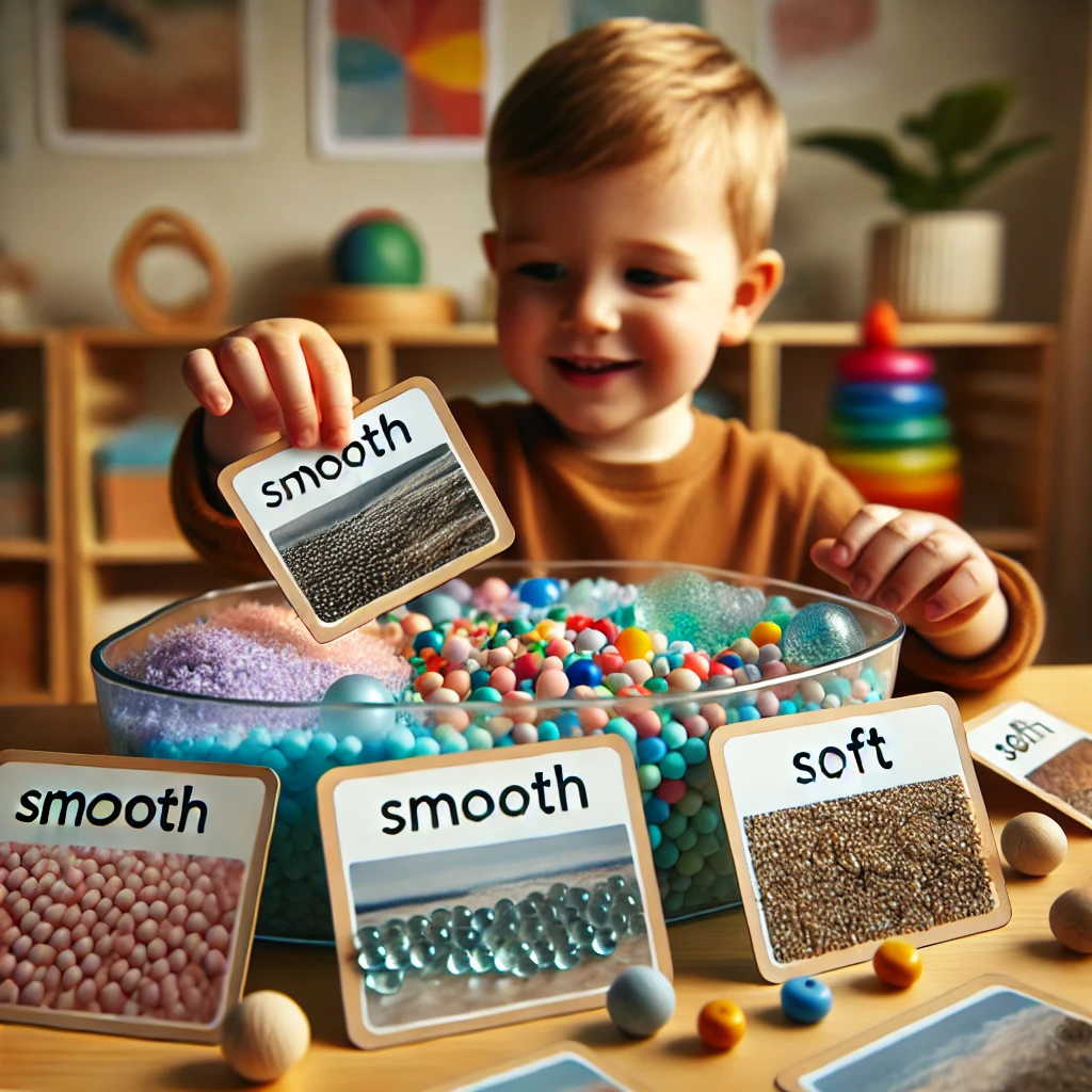 A child explores a sensory bin filled with colorful materials like water beads, rice, and textured items. The child holds up a word card with a matching picture, such as 'smooth,' while smiling and engaging in the activity. The playroom setting is warm and organized, with soft lighting and educational tools, promoting hands-on learning and sensory exploration.






