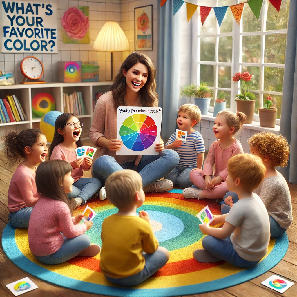  A group of children with special needs sits in a circle in a colorful classroom, engaging in a social language game. The children are smiling and interacting, holding cards with conversation prompts like "What’s your favorite color?" A teacher facilitates the activity, encouraging turn-taking and participation. The room is bright and welcoming, filled with books and cheerful decor, promoting social interaction and language development.