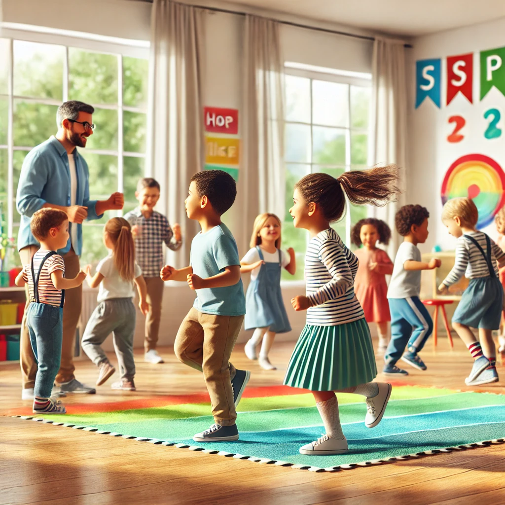 A group of children with special needs participates in a movement-based language game in a bright, cheerful classroom. The children follow action prompts like "Hop like a bunny" while a teacher enthusiastically guides the activity. The room is filled with colorful posters, soft mats, and a lively atmosphere, blending language development with physical movement and fun.







A group of children with special needs participates in a movement-based language game in a bright, cheerful classroom. The children follow action prompts like "Hop like a bunny" while a teacher enthusiastically guides the activity. The room is filled with colorful posters, soft mats, and a lively atmosphere, blending language development with physical movement and fun.



Children with special needs play a movement-based language game in a colorful classroom, following action prompts like "Hop like a bunny," guided by an encouraging teacher.






Children with special needs play a movement-based language game in a colorful classroom, following action prompts like "Hop like a bunny," guided by an encouraging teacher.





Children with special needs play a movement-based language game in a colorful classroom, following action prompts like "Hop like a bunny," guided by an encouraging teacher.








