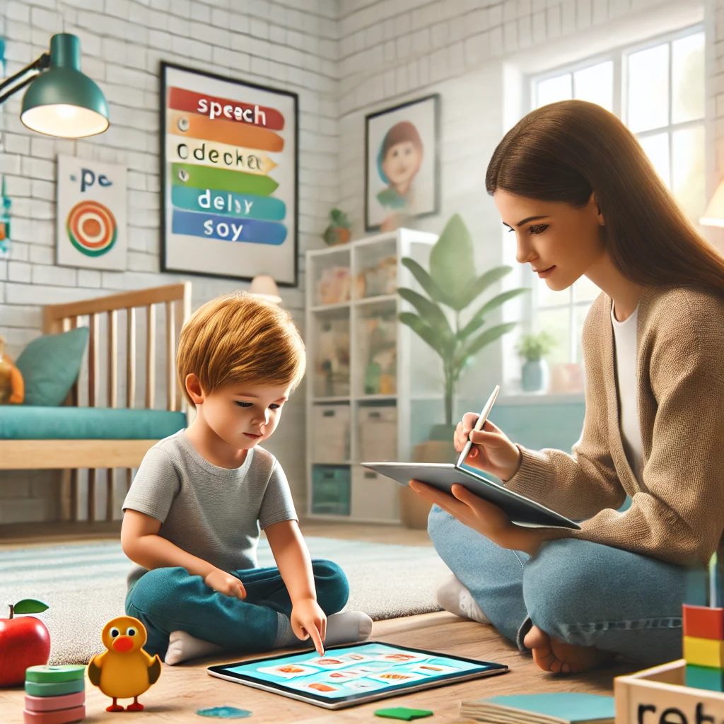 A child and a speech therapist work together in a bright therapy room. The therapist uses visual aids, like flashcards and a tablet, while the child engages in learning. The room features colorful decorations and educational tools, creating a supportive and nurturing environment for addressing speech delays.