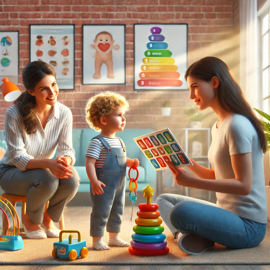 A parent and young child interact with a speech therapist in a bright, cheerful therapy room. The therapist uses colorful toys and flashcards to assess the child's speech development while the parent observes supportively. The setting includes educational posters and a playful atmosphere, emphasizing the importance of early intervention for speech challenges.