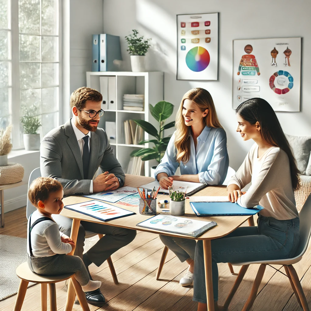 A speech therapist, teacher, and parent collaborate in a bright classroom, seated around a table with visual aids and notebooks, discussing strategies for a child with speech delays. The child plays nearby in a calm and engaging environment, emphasizing teamwork and support for the child’s development.