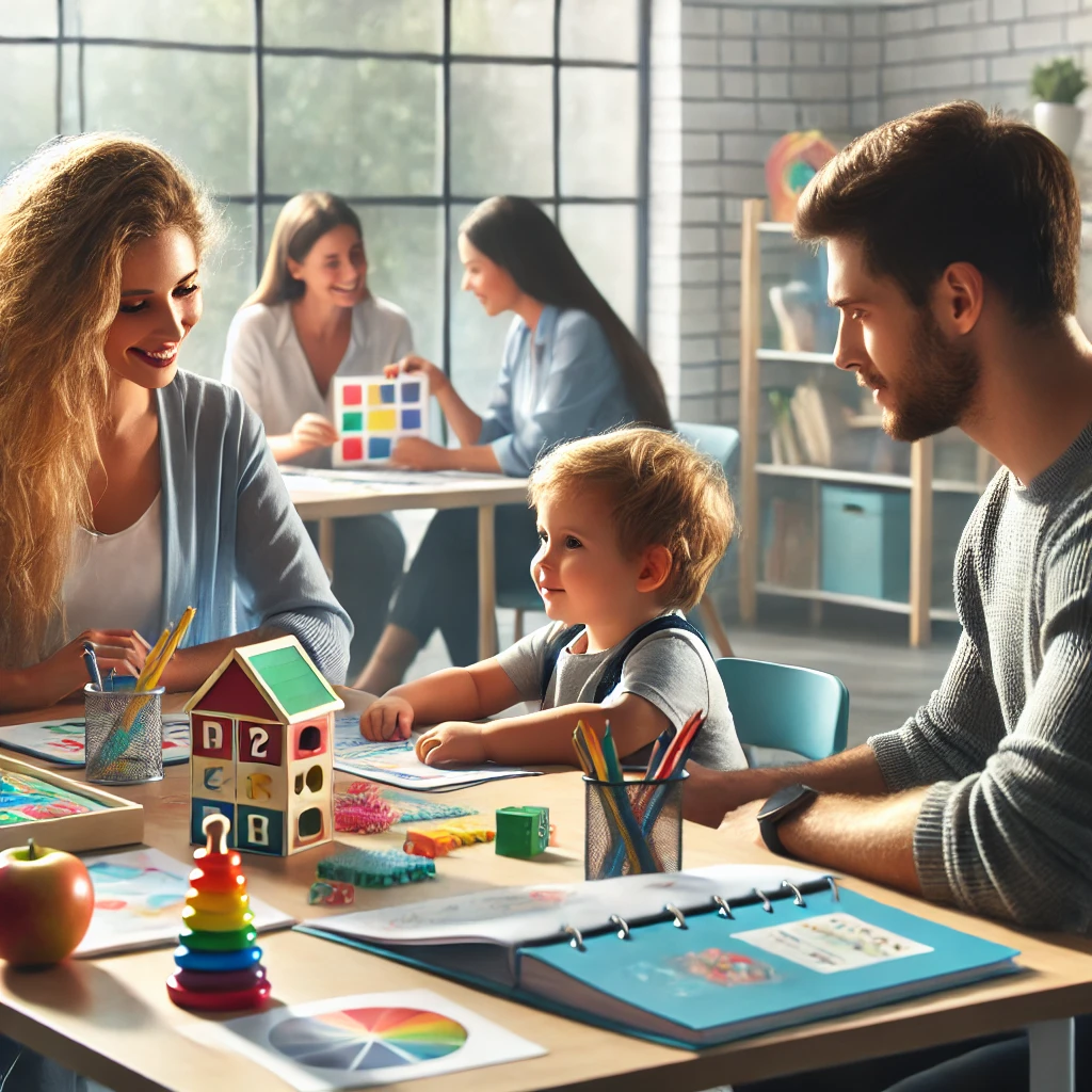 A parent, teacher, and speech therapist collaborate at a table in a bright classroom with colorful learning materials and visual aids, discussing strategies for a child with speech delays. In the background, the child engages in a playful activity with a caregiver, highlighting teamwork and comprehensive support for the child’s development.






