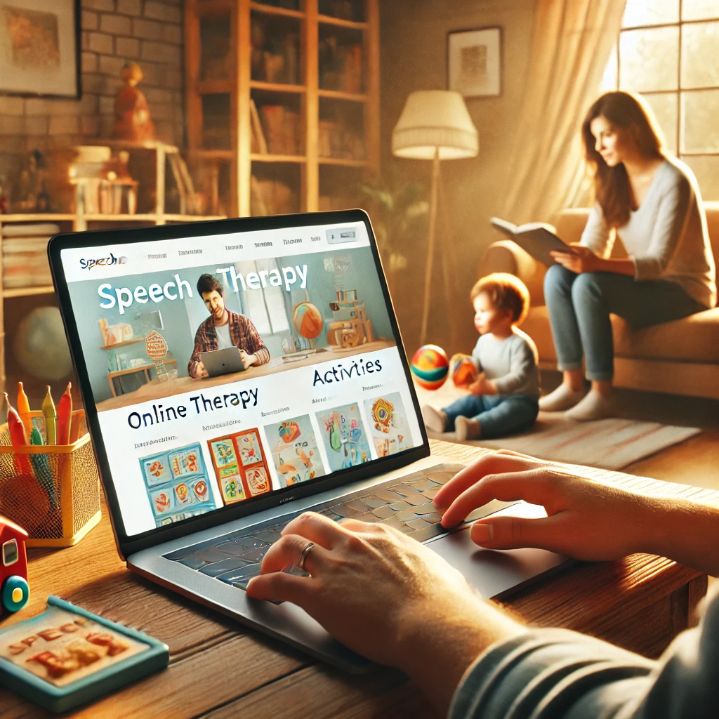 A parent uses a laptop in a cozy home setting, researching speech therapy resources online, while their child plays with educational toys nearby. The laptop screen shows a colorful speech therapy website, and the room is warmly lit with books and a supportive atmosphere, highlighting the role of online tools in addressing speech delays.