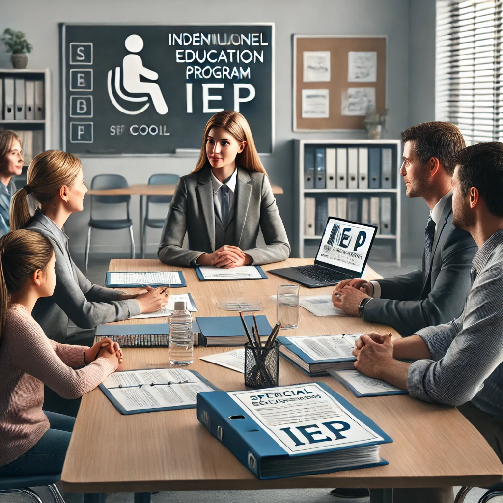 A parent sits in a school conference room with an Individualized Education Program (IEP) team, including a teacher, special education coordinator, and school counselor. The group discusses tailored strategies for the child, with documents and a laptop on the table, creating a professional yet collaborative atmosphere focused on the child's learning needs.