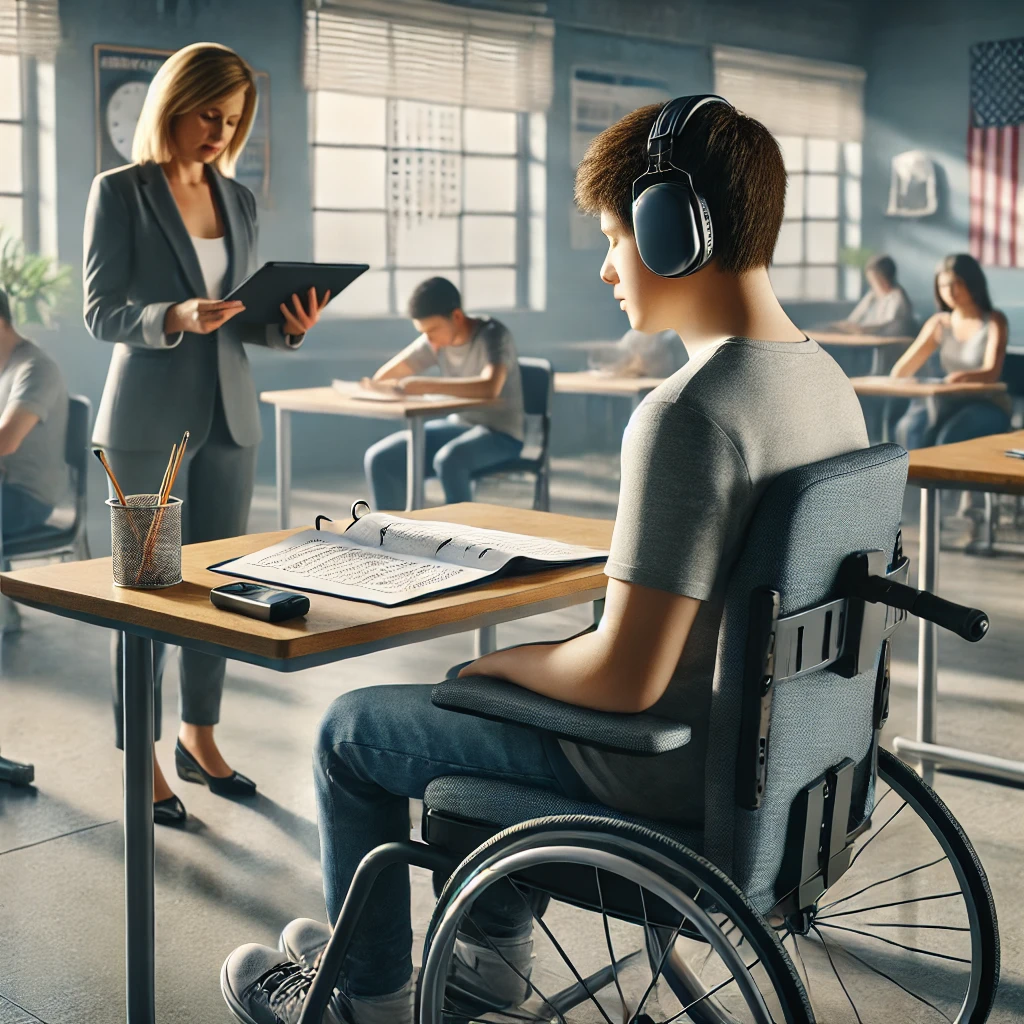 A classroom with a student with disabilities seated at a desk using adaptive tools like a tablet and noise-canceling headphones. In the background, a teacher prepares test materials with accommodations such as extra time instructions and separate seating, emphasising inclusive and fair testing conditions.