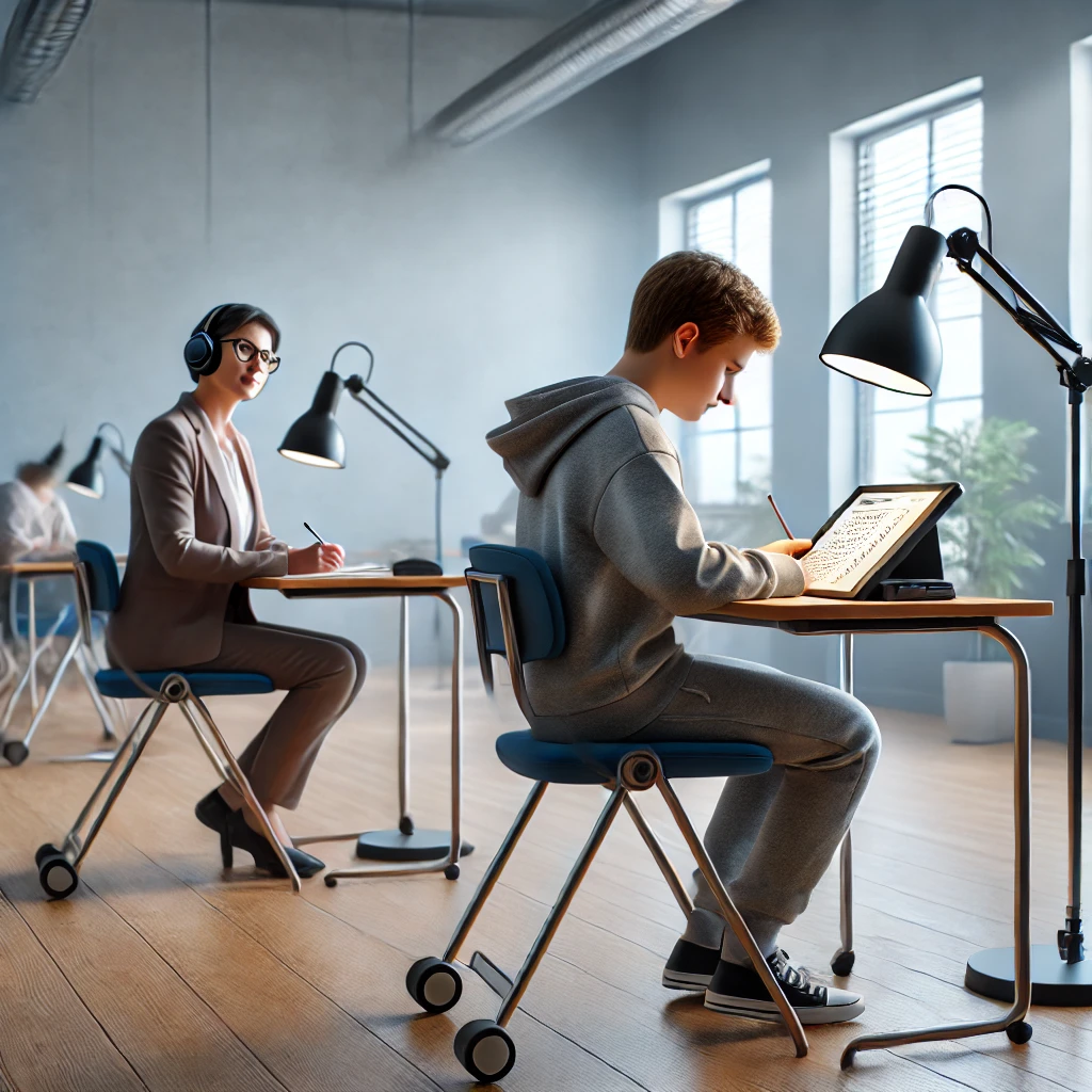 A special needs student takes an exam in a quiet, accommodating environment, using adaptive tools like a large-print test, a tablet, and noise-canceling headphones. A teacher observes supportively from a distance in a calm, distraction-free room, highlighting the importance of equitable testing accommodations. 