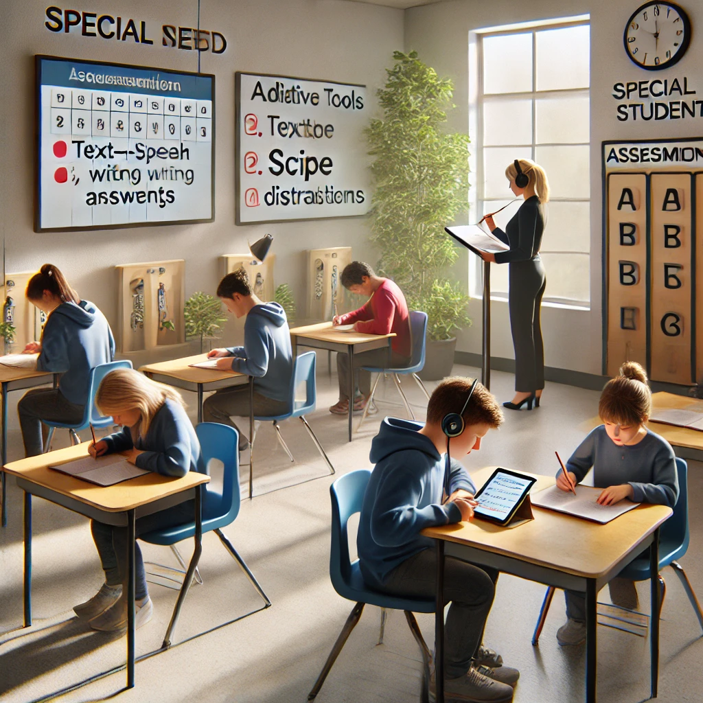  A classroom setup for special needs students during assessments, featuring a student using a tablet with text-to-speech software, another receiving assistance from a scribe, and a quiet space for a student needing minimal distractions. A teacher provides individualized support in an inclusive and adaptive environment.