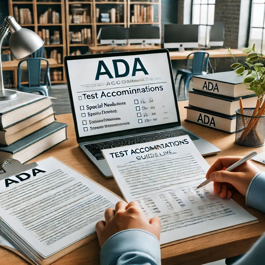 An educator reviews legal documents on test accommodations for special needs students at a desk with ADA guidelines, a laptop displaying an educational policy website, and a notebook with notes. The setting is a calm office with shelves of books and resources, emphasizing the importance of understanding laws to ensure fairness in education.