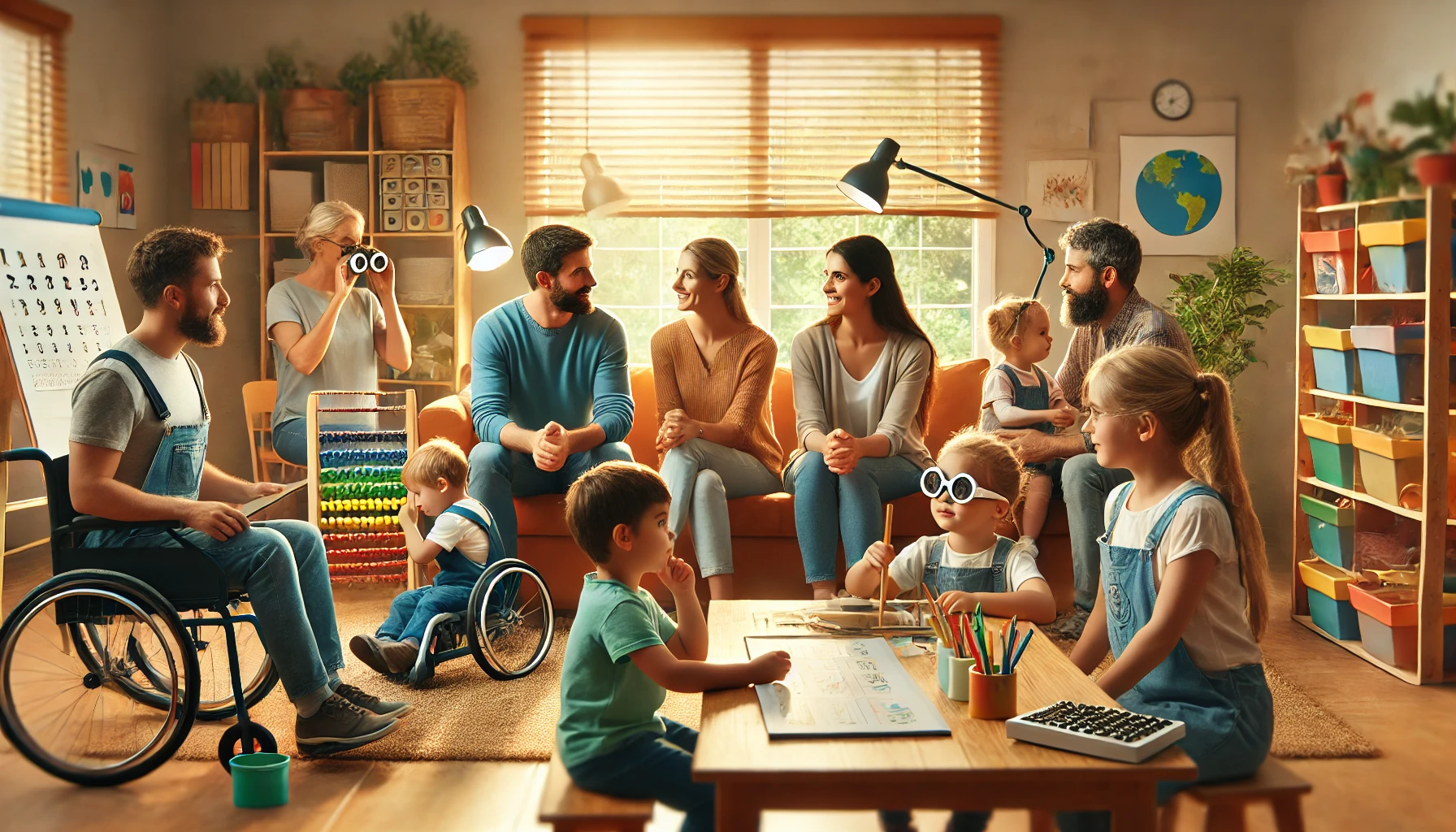A warm and inclusive school environment where parents and teachers collaborate in a meeting to support children with special needs. In the background, children of diverse abilities engage in group activities using visual aids, braille books, and sensory play materials. The scene emphasizes teamwork, confidence-building, and a nurturing approach to every child's development.
