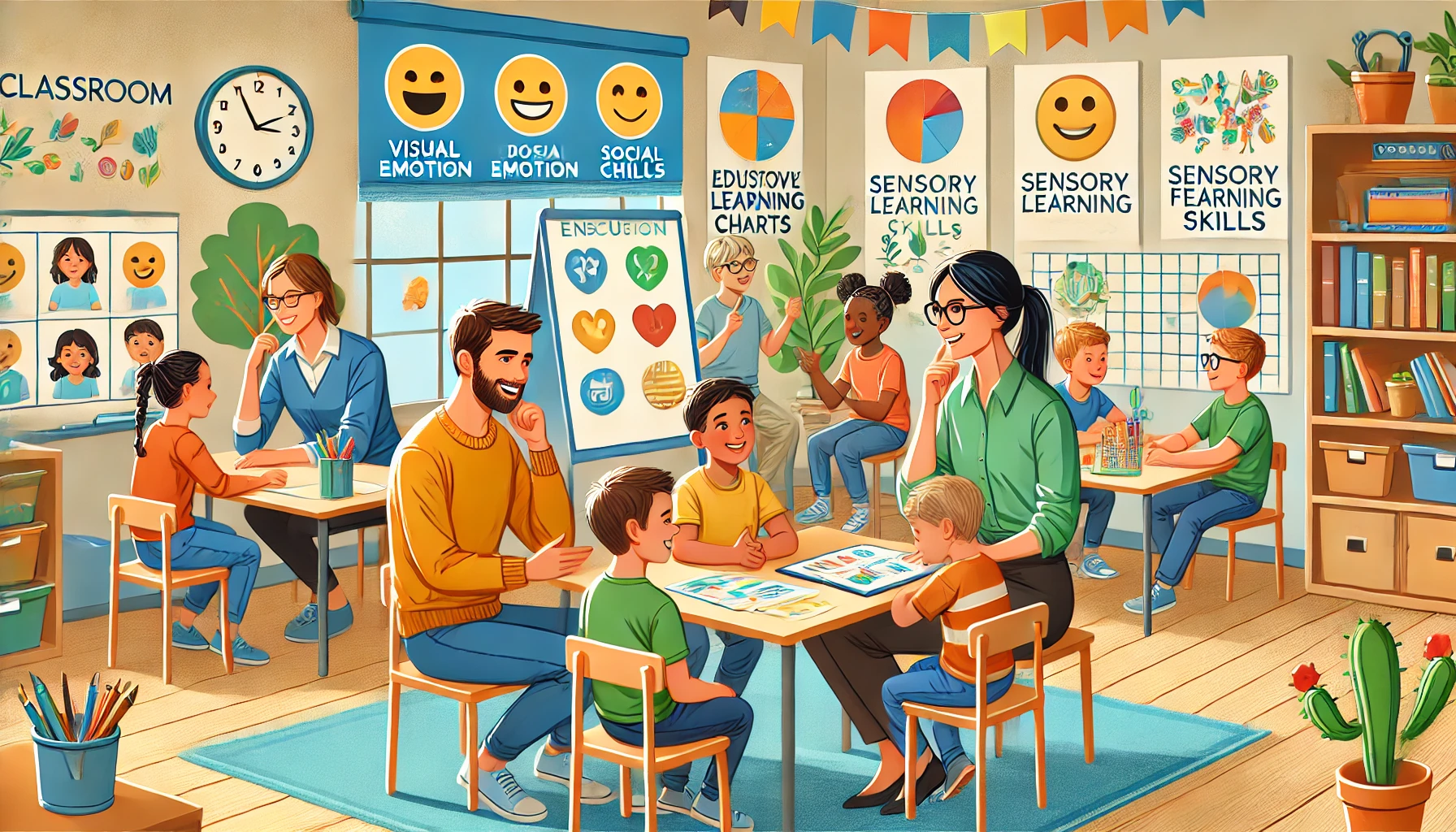 An inclusive classroom where a teacher and a parent collaborate on a student's progress. Nearby, students of various abilities participate in activities fostering emotional and social skills, such as group discussions and teamwork games. The space is colorful and welcoming, featuring visual emotion charts, adaptive learning materials, and sensory-friendly areas, creating a positive and supportive environment for all students.