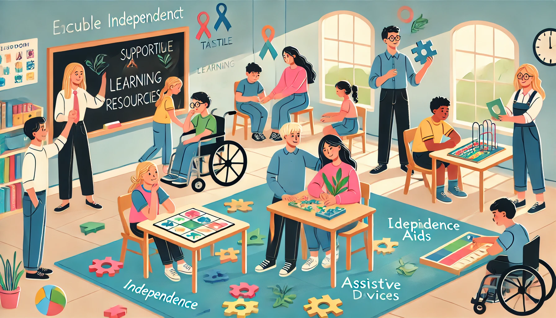 An inclusive classroom where students of diverse abilities collaborate on problem-solving activities like group projects and puzzles. The teacher offers guidance while fostering independence and confidence. The room includes adaptive tools such as tactile learning resources, visual aids, and assistive devices. The bright and cheerful atmosphere highlights the importance of self-esteem, personal growth, and a supportive community. 