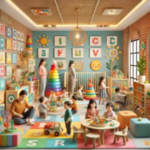 A vibrant and colorful playroom featuring toys, books, and activity stations designed to encourage language development in children. The room includes a sensory table, alphabet blocks, and educational games, creating an engaging and inclusive learning environment for kids with special needs.