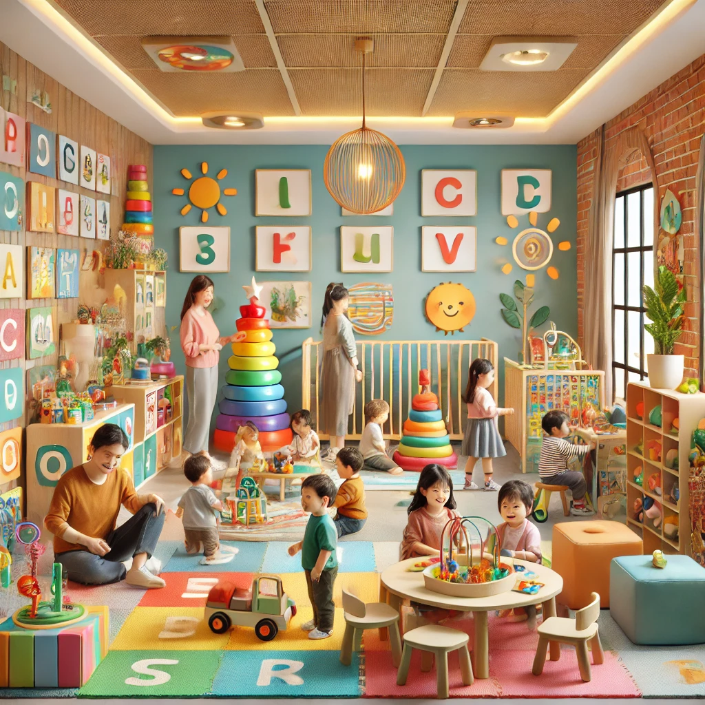 A vibrant and colorful playroom featuring toys, books, and activity stations designed to encourage language development in children. The room includes a sensory table, alphabet blocks, and educational games, creating an engaging and inclusive learning environment for kids with special needs.