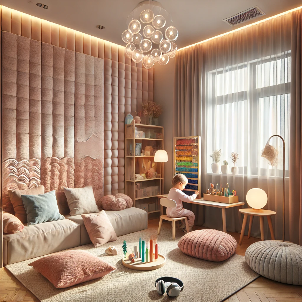 A warm and inviting sensory-friendly room designed for children, featuring soft lighting, cozy cushions, a tactile wall panel with various textures, and noise-canceling headphones on a small table. The space creates a calming environment with neutral tones and organized elements, ideal for children with sensory processing needs.