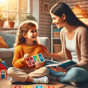 A caring parent sits beside a young child at a small table in a cozy, well-lit room. The child is pointing at colorful picture cards while the parent smiles and provides guidance. The room features a bookshelf filled with toys and books, creating a warm and educational atmosphere that emphasizes support and engagement during a learning activity.