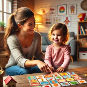 A caring parent sits beside a young child at a small table in a cozy, well-lit room. The child is pointing at colorful picture cards while the parent smiles and provides guidance. The room features a bookshelf filled with toys and books, creating a warm and educational atmosphere that emphasizes support and engagement during a learning activity.