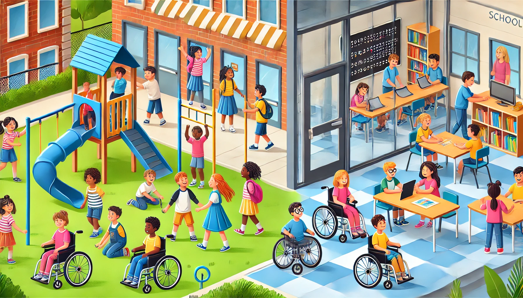 An inclusive school setting where children with and without disabilities are playing and learning together. On the playground, children interact in group activities, including a child using a wheelchair participating with peers. Nearby, an open classroom door reveals students learning collaboratively with adaptive tools like tablets and braille books. The scene is vibrant and supportive, emphasizing confidence, self-esteem, and a strong sense of belonging for all students.